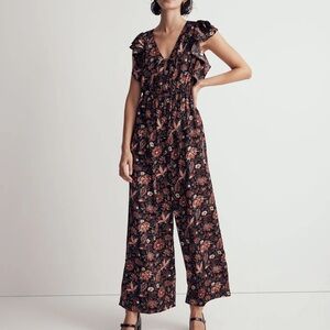 Madewell Black Floral Jumpsuit with Ruffled Sleeves
